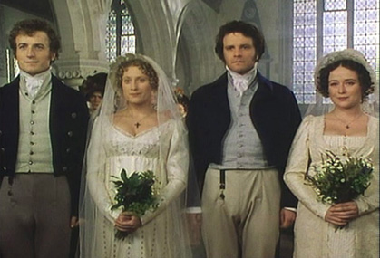 Mr. Bingley, Jane, Mr. Darcy, and Elizabeth at their double-wedding ceremony in <em>Pride and Prejudice</em>